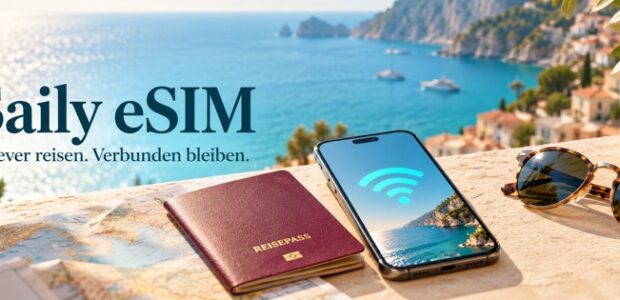 Saily eSIM Reiseguide mit Smartphone, Reisepass und Karte am Meer