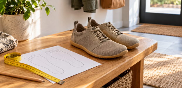 Schuhe mit Skizze zur Fußmessung