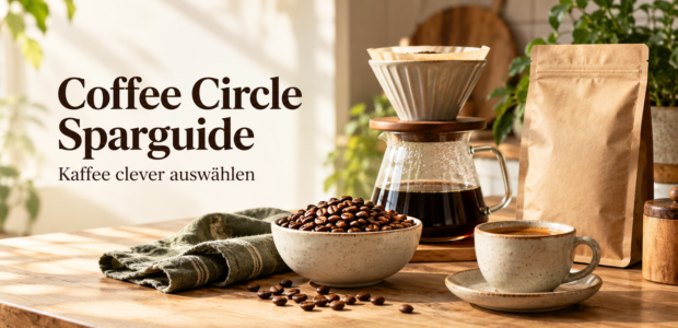 Illustrative Kaffeeszene mit Bohnen, Handfilter und Tasse für den Coffee Circle Sparguide
