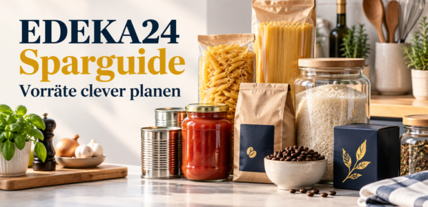 Illustrative Vorratsprodukte auf einer Küchenarbeitsfläche für den EDEKA24 Sparguide