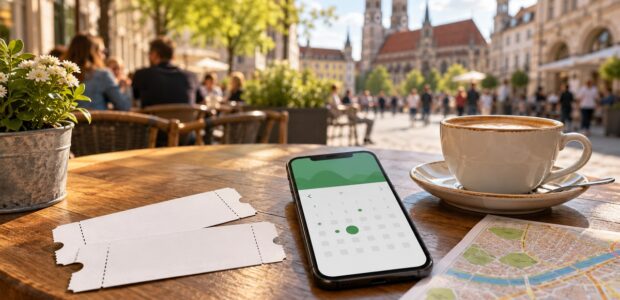 Ausflug planen: Tickets, Smartphone-Kalender und Stadtplan auf einem Cafétisch