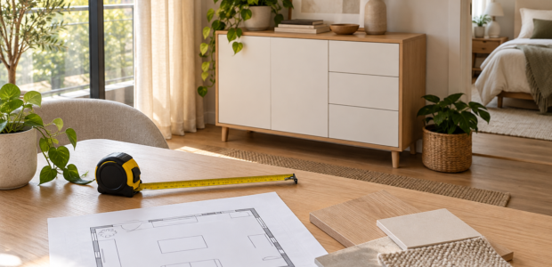 Illustratives Zimmer mit Schrank und Hilfsmitteln für die Möbelplanung