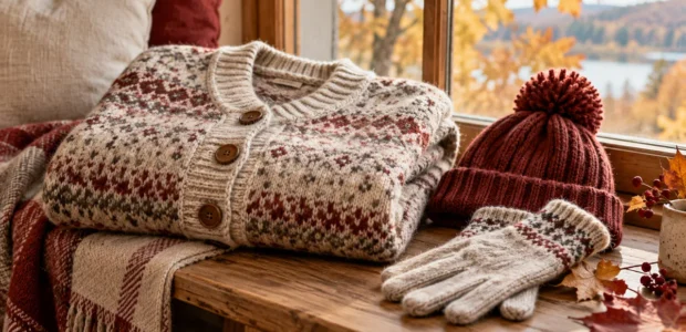 Schafwollstrick und Herbstaccessoires – redaktionelles Symbolbild