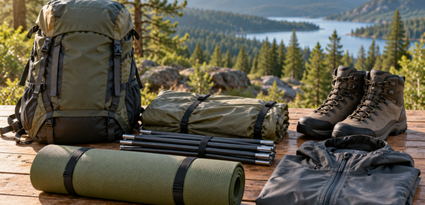 Illustrative Zusammenstellung von Rucksack, Wanderschuhen, Zelt und Schlafmatte