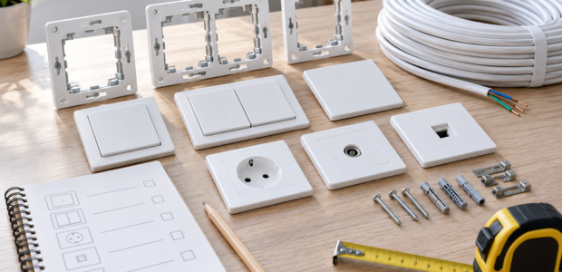 Illustrative Szene mit unverbauten Schalterkomponenten und Materialliste